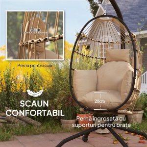 Fotoliu Suspendat Tip Ou cu Lanț Reglabil, 2 Perne Detașabile și Suport pentru Pahare, Scaun Balansoar Pliabil pentru Grădină, Bază în X din Oțel, pentru Interior și Exterior, 120x88x192 cm, Bej - Img 4