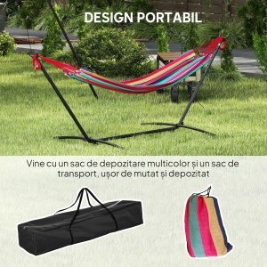 Hamac cu Suport 310x117cm pentru Camping cu Înălțime Reglabilă și Geantă de Transport, Capacitate 120 kg, Dungi Portocaliu și Roșu - Img 7