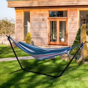 Hamac cu Suport 310x117cm pentru Camping cu Înălțime Reglabilă și Geantă de Transport, Capacitate 120 kg, Dungi Albastre și Albe - Img 2
