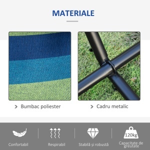 Hamac de Grădină Suspendat 310x117 cm cu Înălțime Reglabilă și Suport, Capacitate 120 kg, Hamac Autoportant cu Geantă de Transport, pentru Camping, Grădină, Balcon, Patio, Verde și Albastru - Img 5
