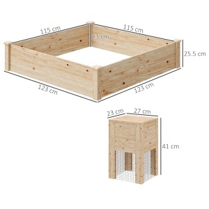 Jardinieră de Exterior cu Compostor și Bază Deschisă din Lemn de Brad, 123x123x25,5 cm, Lemn Natural - Img 3