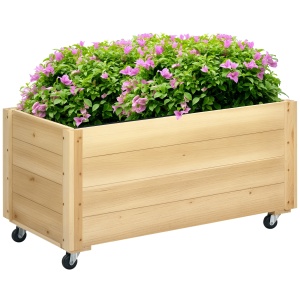 Jardinieră de Gradină cu Orificiu de Drenaj și Căptușeală, Jardinieră din Lemn de Brad cu Roți, 89x48x47 cm, Lemn Natural - Img 1
