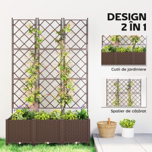Jardinieră Înălțată cu Grilaj 130L, Pat pentru Grădină Înălțat de Exterior cu Roți Blocabile, Sistem de Autoirigare, Găuri de Drenaj pentru Plante Cățărătoare, Legume, Flori, Maro - Img 4