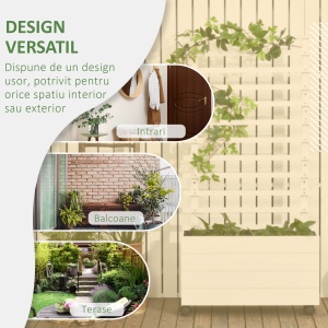 Jardiniera inaltata verticala cu 4 roti si suport pentru plantele cataratoare, din lemn de brad, 76x30x155cm, alb - Img 4