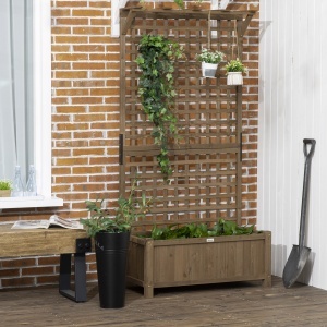 Jardinieră Ridicată pentru Exterior cu Spalier și Bară Superioară, Jardinieră din Lemn de Brad cu Găuri de Drenaj pentru Flori și Legume, pentru Grădină și Balcon, Cafeniu Întunecat - Img 9