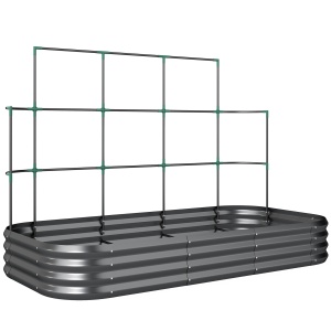 Jardiniere Ridicate din Metal cu Grilaj, Pat de Grădină Înălțat cu Fund Deschis, Mănuși și Grilaj pentru Plante Cățărătoare, Legume și Flori, 220x110x150 cm, Gri Închis