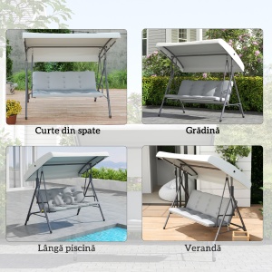 Leagăn de Grădină 3 Locuri cu Acoperiș Reglabil, Leagăn de Exterior cu Perne Căptușite din Poliester și Cadru din Oțel, Greutate Maximă 210 kg, 172x110x156 cm, Gri Deschis - Img 7