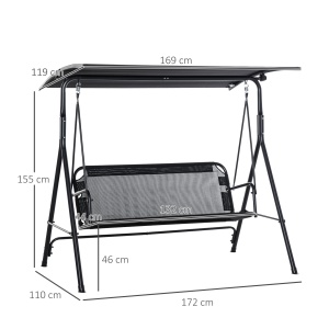 Leagan de Gradina cu 3 Locuri cu Acoperis Parasolar Reglabil Negru 172x110x155cm - Img 3