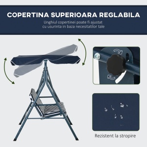 Leagăn de Grădină cu 3 Locuri cu Acoperiș Solar, Balansoar în Aer Liber cu Structură din Oțel și Poliester, 172x110x153 cm, Alb și Albastru - Img 4