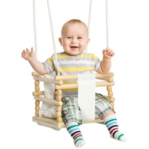 Leagan pentru copii 9-36 luni din lemn si bumbac, pentru spatii interioare si exterioare cu franghie reglabila si perna detasabila, 30x30x110-180 cm, culoarea lemnului si alb - Img 1