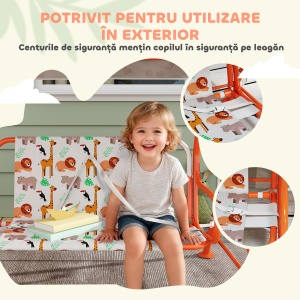 Leagăn pentru Copii cu 2 Locuri, Acoperiș Reglabil și Curele de Siguranță, Leagăn pentru Grădină și Interior din Oțel și Material Oxford, Max 60 kg, 112x75x120 cm, Portocaliu - Img 7