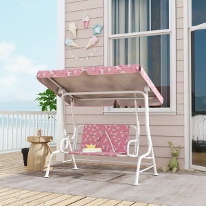 Leagăn pentru Copii de Exterior cu 2 Locuri, Acoperiș Reglabil și Centuri de Siguranță, Leagăn Grădină și Interior din Oțel și Material Oxford, Max 60 kg, 112x75x120 cm, Roz - Img 2