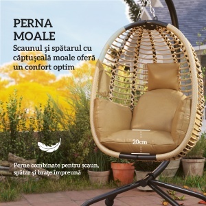 Leagăn pentru Exterior cu Pernă Capitonată, Scaun Suspendat pentru Terasă cu Suport Metalic, Cos Pliabil, 110x100x188 cm, Gri - Img 6