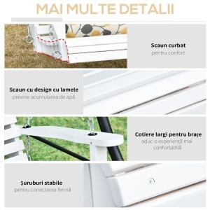 Leagăn Suspendat pentru Exterior din Lemn de Brad cu Măsuță Rabatabilă și Suporturi pentru Pahare, Leagăn pentru Grădină sau Terasă cu 2-3 Locuri, Alb - Img 7