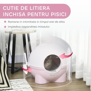 Litieră pentru Pisici cu Capac și Lopățică Inclusă, Capacitate Max 4 kg, 53x51x48 cm, Alb și Roz - Img 6