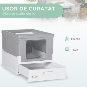 Litiera pentru Pisici Inchisa din PP cu Paleta Inclusa, Cutie Igienica pentru Pisici cu Tava Detasabila si 2 Usi, 47.5x35.5x36.7 cm, Alb si Gri - Img 4