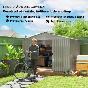 Magazie de Grădină 4,9 m² 277x195x192 cm cu 2 Uși Culisante, Acoperiș Înclinat și 4 Grile de Ventilație, Gri Argintiu - Img 5