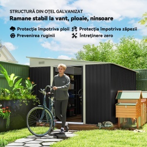 Magazie de Gradina cu Usa Glisanta si Orificii de Aerisire, din Otel Galvanizat, 345x280.5x169-201 cm, Negru - Img 5