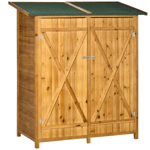 Magazie de Gradina din Lemn cu 2 Usi cu Taburet Inalt cu 2 Rafturi si Acoperis Hidrofug, 140x75x157 cm - Img 1