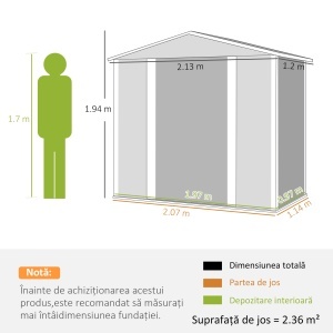 Magazie de Grădină din Tablă de Oțel cu 4 Orificii de Ventilație și 2 Uși Glisante, 213x120x194 cm, Gri Închis - Img 3