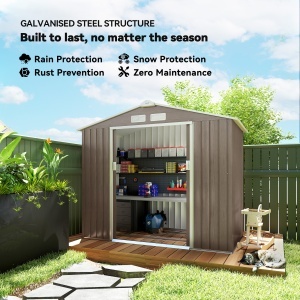 Magazie Grădină Metalică cu Orificii de Ventilație și Ușă Culisantă Dublă pentru Grădinarit și DIY, 213x130x185 cm, Maro - Img 4