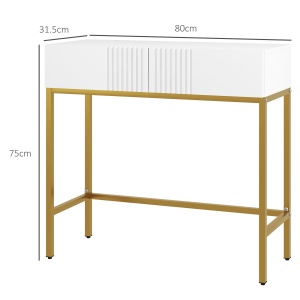 Masă Consolă cu 2 Sertare, Masă Modernă de Intrare cu Bază din Oțel în Ton Auriu, 80x31.5x75 cm, Alb - Img 3