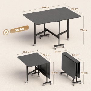 Masă de Dining Pliabilă, Masă de Bucătărie Rabatabilă cu Roți și Frâne pentru 4-6 Persoane, Masă Compactă cu Structură din Oțel, 120x80x73 cm, Negru cu Efect de Lemn - Img 3