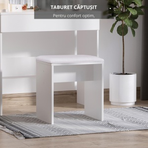 Masa Machiaj cu Oglindă LED 12 Lumini, Set cu Scaun Tapitat și Sertar Spațios, Mobilier pentru Dormitor, 80x40x140 cm, Alb - Img 5