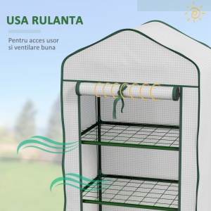 Mini Seră pe 3 Nivele cu Acoperiș PE Întărit, Seră Portabilă cu Ușă Rulantă și Rafturi din Sârmă, 59x39x127 cm, Alb - Img 6