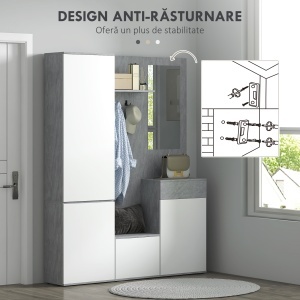 Mobilier 4 în 1 cu Oglindă, Cuiere și Rafturi Interioare Reglabile, Mobilier Multifuncțional, 145x29x184 cm, Gri - Img 7
