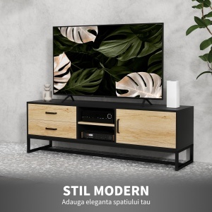 Mobilier pentru TV de 60" cu Dulăpior, 2 Sertare și Rafturi Deschise Reglabile, 140x35x45 cm, Lemn Natural - Img 4
