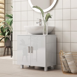 Mobilier Sub Chiuvetă pentru Baie cu 2 Uși, Raft Central, Mâner și Picioare Antiderapante, 60x35x60 cm, Alb Lucios - Img 2