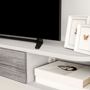 Mobilier TV Suspendat cu 2 Rafturi Deschise și un Dulăpior cu Ușă Rabatabilă, 120x26x16 cm, Gri - Img 9