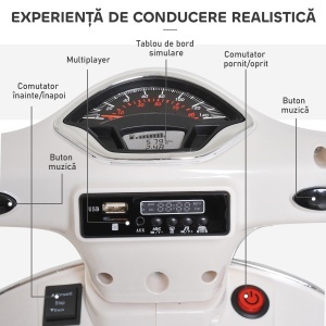 Motocicletă Electrică pentru Copii, 6V cu Muzică, Lumini și Sunete, 102x50,5x75,5 cm, Alb - Img 4