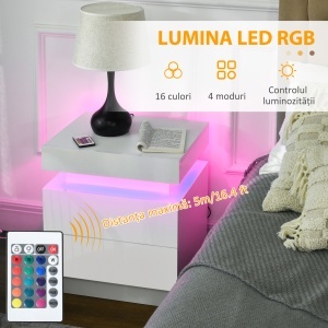 Noptiera alba cu lumina LED RGB, noptiera frontala lucioasa cu 2 sertare, pentru camera de zi, dormitor - Img 4