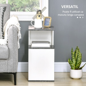 Noptiera cu raft deschis din PAL, noptiera moderna cu design neregulat, 35x29,5x60cm, gri si alb - Img 4