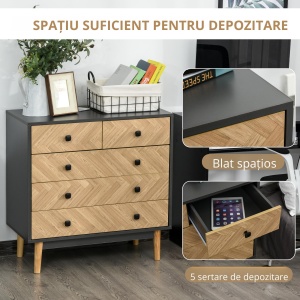 Noptiera din Lemn cu 5 Sertare, Picioare Ridicate din Pin, Gri Inchis - Img 5