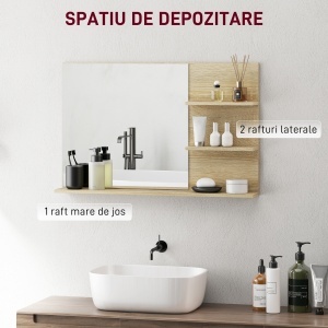 Oglindă de Baie cu 2 Rafturi Laterale și Raft Inferior, Culoare Lemn - Img 4