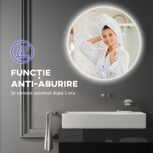 Oglinda de Baie Rotunda cu Lumina LED in 3 Culori si intrerupatoare Touch, Ø70x3.5 cm, Transparent - Img 7