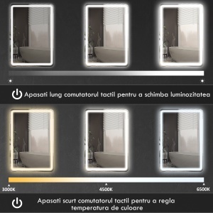 Oglindă de Baie Touch 70x100 cm cu LED 3 Tonuri de Lumină și Antiaburire - Img 6