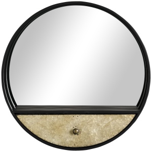 Oglinda de perete rotunda Ø61cm, oglinda decorativa cu sertar si cadru din metal si MDF, negru