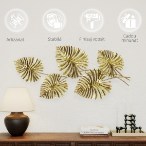 Operă de Artă Murală cu 5 Frunze de Monstera din Metal Auriu cu Accesorii de Montaj Incluse, 83x2.5x39 cm - Img 6