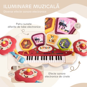 Orga Pian pentru Copii cu Set de Tobe Instrument Muzical Electronic cu Sunete Multiple Lumini Microfon Taburet pentru Fete si Baieti - Img 8