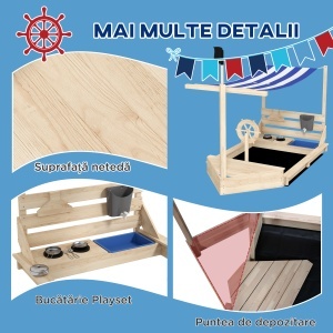 Outusunny Nisipar din Lemn pentru Copii cu Capac, Ladă de Nisip pentru Exterior cu Set de Joacă Inclus, 180x103x144,5 cm, Lemn Natural - Img 7