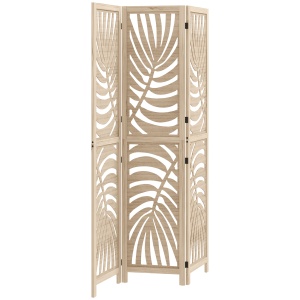 Paravan cu 3 Panouri, Separator Pliabil cu Design Frunze pentru Interior, Finisaj Natural