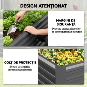 Pat de Grădină Ridicat pentru Exterior cu Fund Deschis și Bare de Susținere, Jardinieră din Oțel Galvanizat, pentru Flori, Legume, Balcon sau Grădină, 180x90x57,5 cm, Gri Închis - Img 7