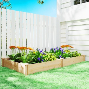 Pat de Grădină Ridicat pentru Exterior cu Separator Central și Bază Deschisă, Ghiveci din Lemn de Brad, pentru Flori, Legume pentru Balcon și Grădină, 235x121x26 cm, Culoare Lemn - Img 9