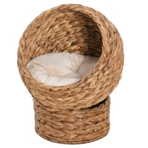 Pat pentru Pisici din Nuiele cu Perna din Bumbac Maro si Alb 42 x 33 x 52 cm - Img 4