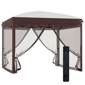 Pavilion pliabil 3 x 3 (m) cu plase si geanta de transport cu rotile, cort de evenimente cu inaltime reglabila, cort de gradina, curte, bej - Img 1