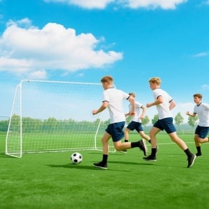 Poartă de Fotbal pentru Grădină și Parc cu 6 Pari în formă de U, din PE și Metal Eposidic, 301x120x200 cm, Alb - Img 9